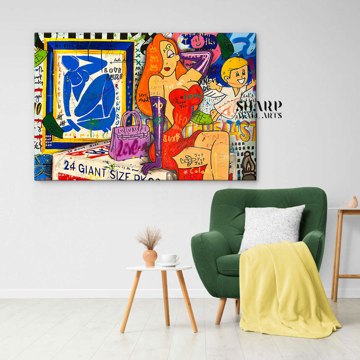 Lady In Red Cartoon Style Canvas Wall Art