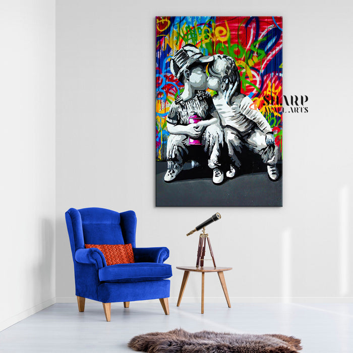 Little Boy And Girl Kissing Canvas Wall Art