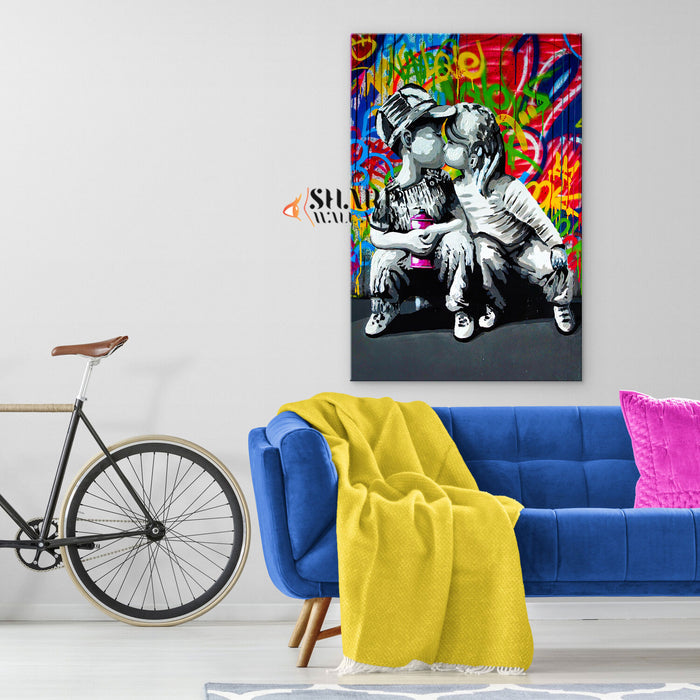 Little Boy And Girl Kissing Canvas Wall Art