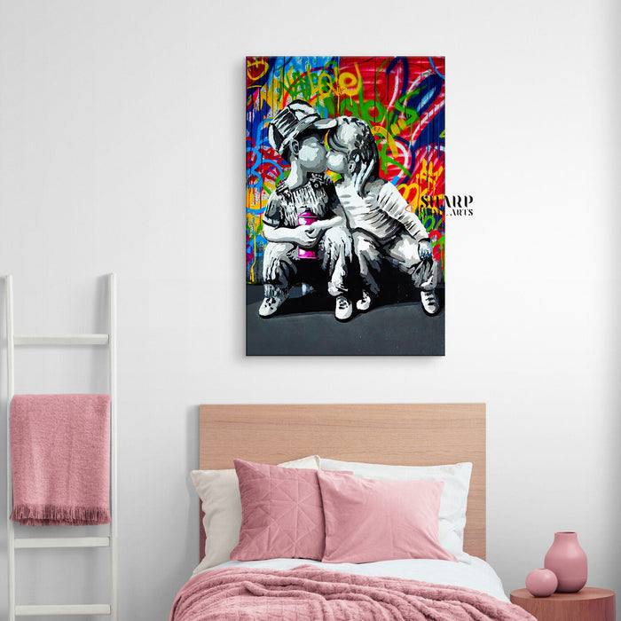 Little Boy And Girl Kissing Canvas Wall Art