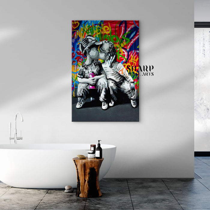 Little Boy And Girl Kissing Canvas Wall Art