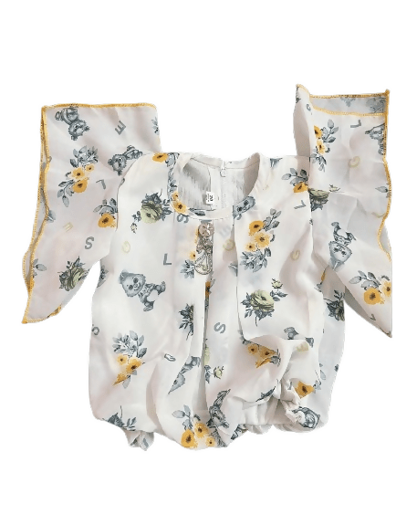 Baby 2-Piece Outfit Set, Floral Print Romper with Yellow Trim and Plaid Shorts, White and Greypreview