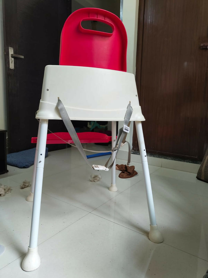 LUVLAP 4-in-1 Convertible Baby High Chair in Almost New condition with feeding tray, footrest, low chair and booster seat modes, comfortable seating, and safety support for convenient baby and toddler mealtimes.