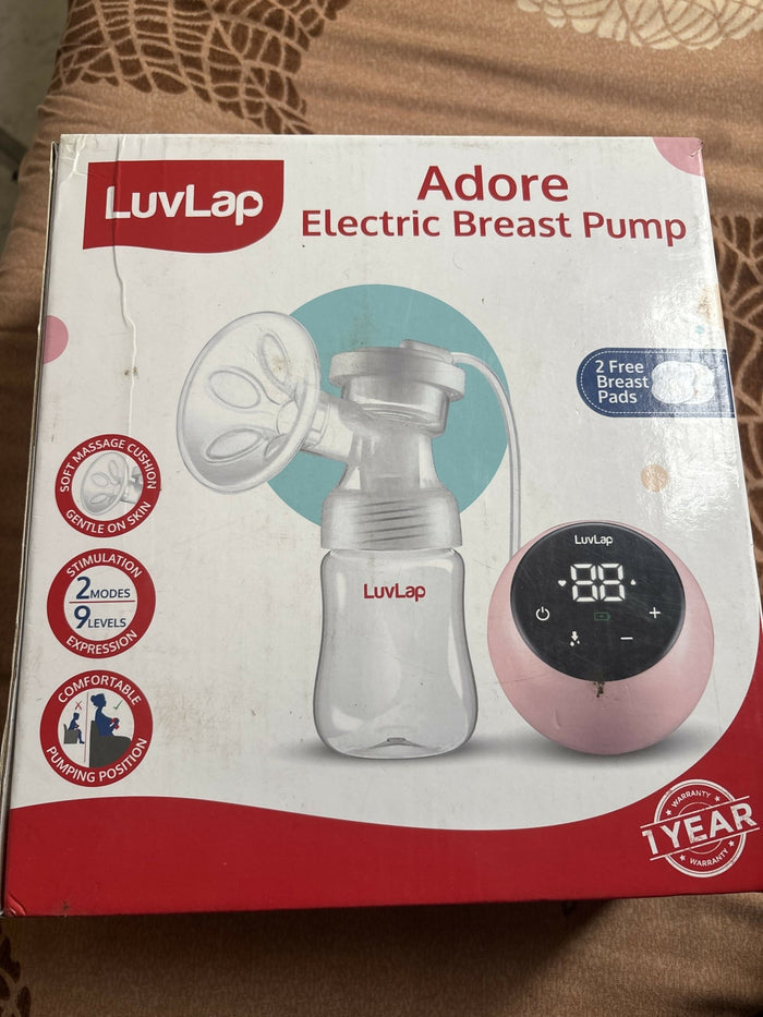 LuvLap Adore Electric Breast Pump with adjustable suction levels, soft silicone breast cushion, multiple expression modes, compact design, and easy-to-use controls for comfortable and convenient milk expression.