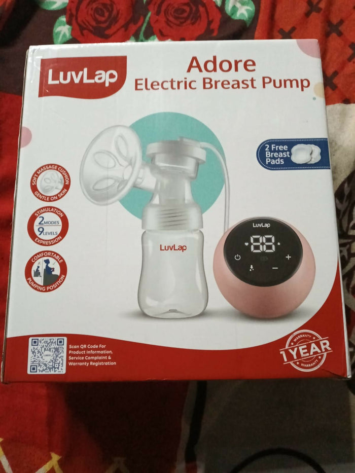 LUVLAP Single Electric Breast Pump with adjustable suction levels, soft silicone massage cushion, quiet operation, rechargeable design, BPA-free components, and ergonomic controls for comfortable and efficient milk expression.