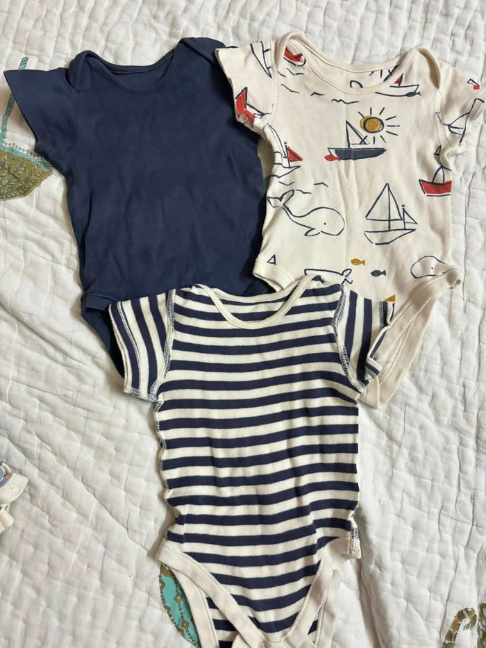 MARKS & SPENCER 3-pack cotton bodysuits – navy, stripes & nautical print, 3–6 months (fits up to 8 months).