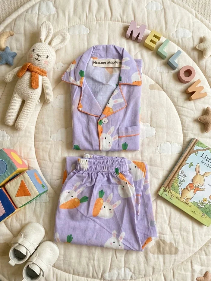 MELLOW Bunny's Carrot full sleeves nightsuit with soft comfortable fabric, cute bunny and carrot-themed design, full-sleeve coverage, and a cozy fit for bedtime and lounging.