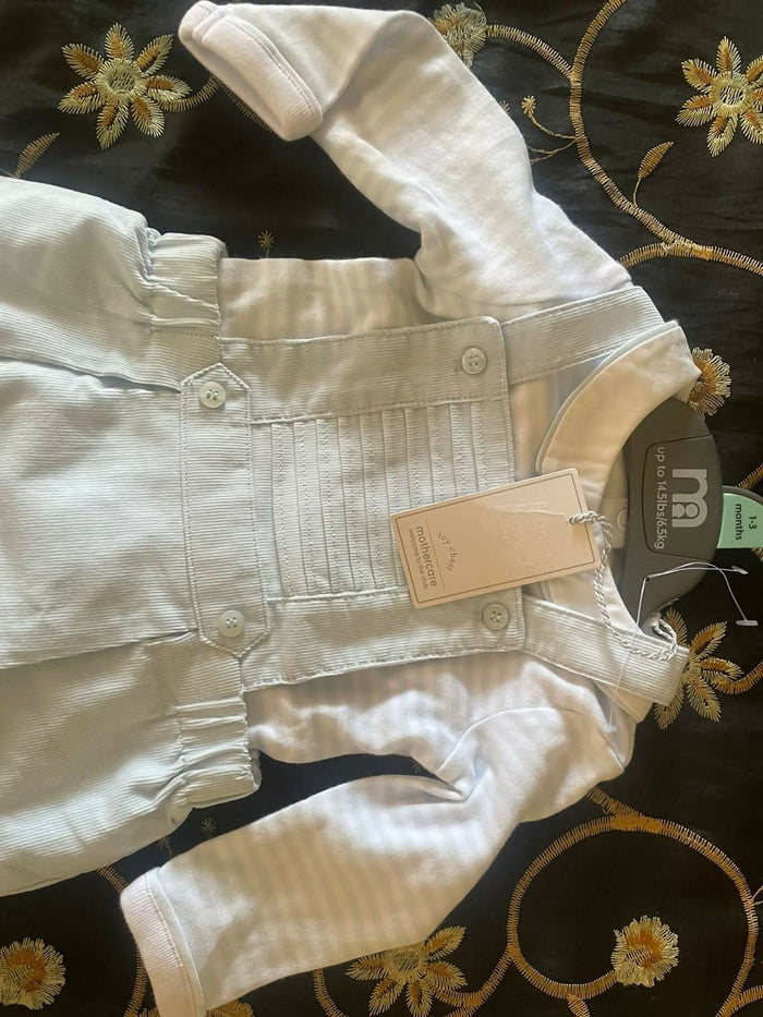MOTHERCARE Full Sleeves White/Blue stripes Design Dungaree Set -White/Blue (Imported from Europe) - PyaraBaby