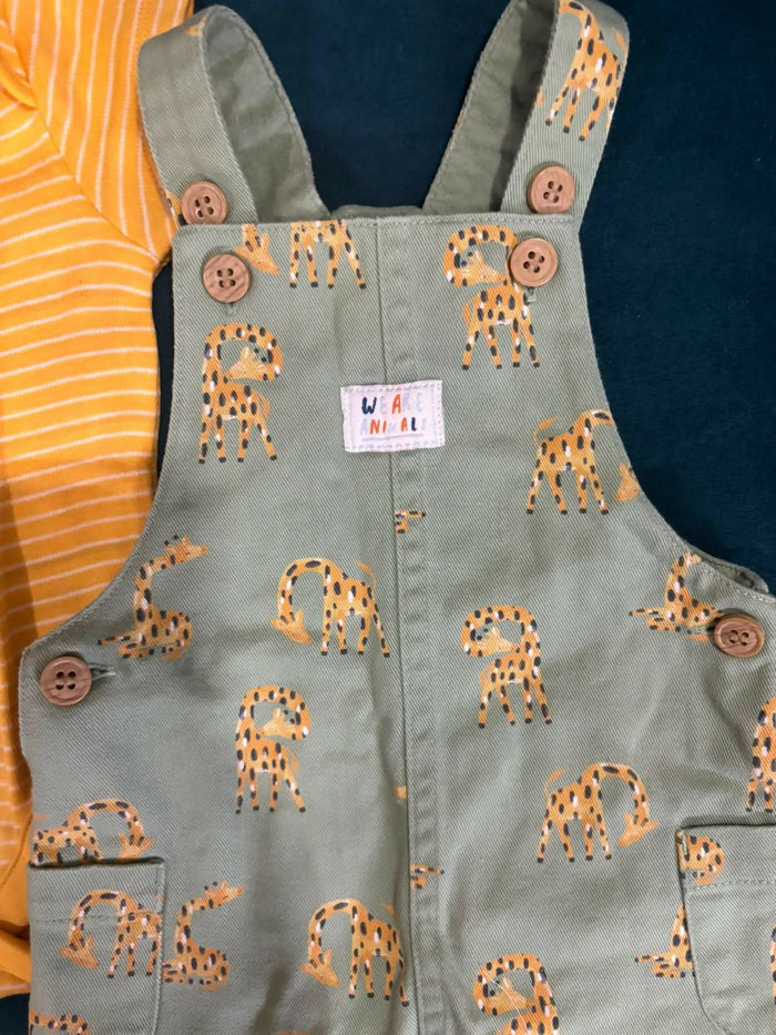 MOTHERCARE Printed Dungarees with Striped Bodysuit