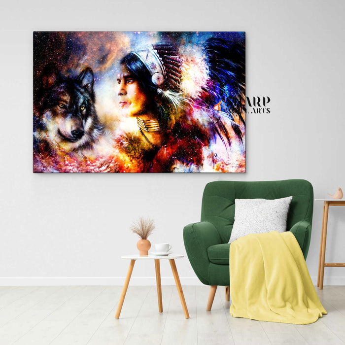 Native American Indian Chief And Wolf Canvas Wall Art