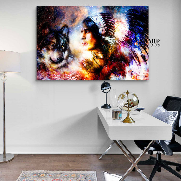 Native American Indian Chief And Wolf Canvas Wall Art