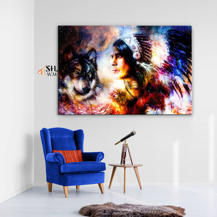 Native American Indian Chief And Wolf Canvas Wall Art