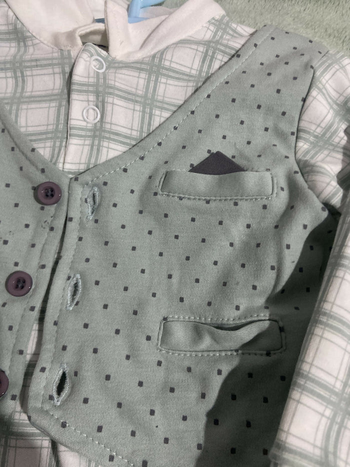 Children's outfit with a green checkered shirt, vest, and plaid pants - Party Wear Dress with Pant