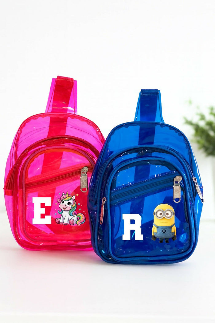 Pink and blue transparent bags with cartoon characters on a white background