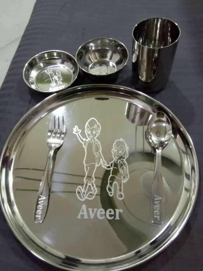 Buy Personalised Stainless Steel Plate, Glass, Bowl, Spoon, and Fork Set – Durable and Customizable Dining Set for Children​