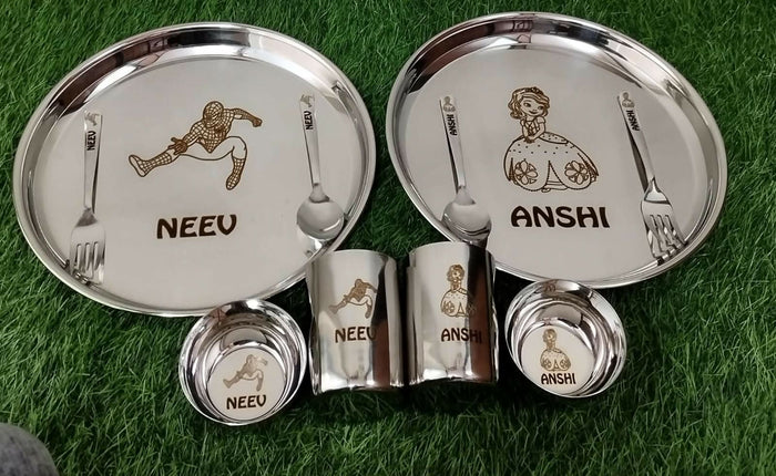 Buy Personalised Stainless Steel Plate, Glass, Bowl, Spoon, and Fork Set – Durable and Customizable Dining Set for Children​