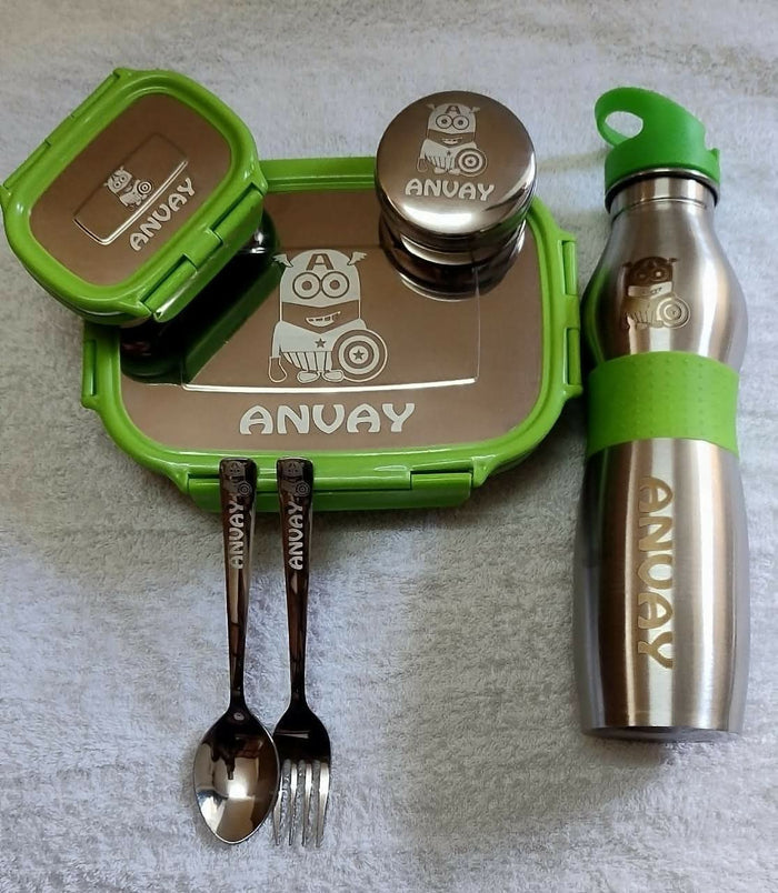 Buy Personalised Stainless Steel Tiffin Box, Bottle, Spoon, Fork Set – Durable, Custom Mealtime Kit for Kids