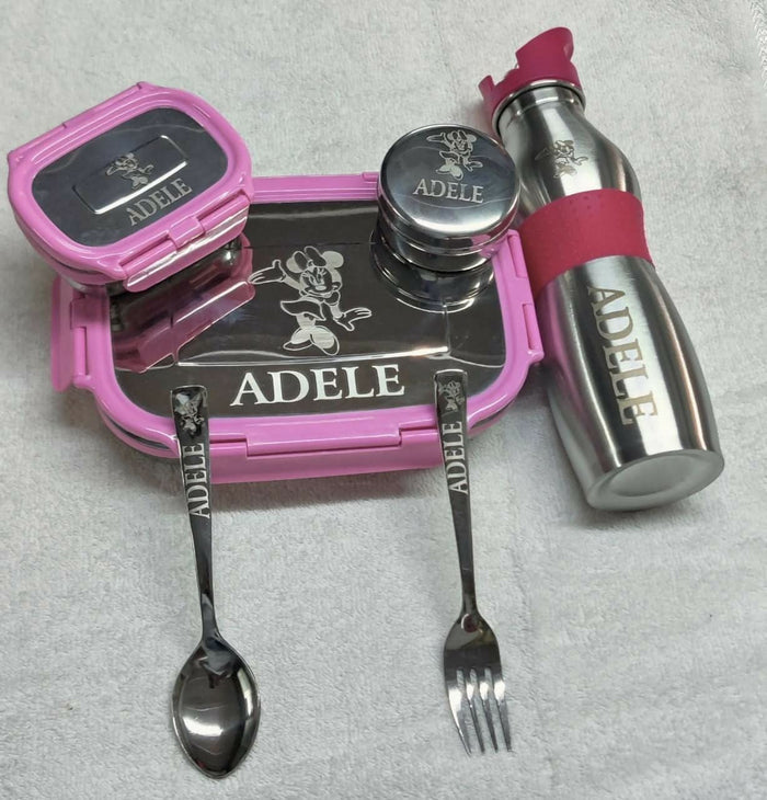 Buy Personalised Stainless Steel Tiffin Box, Bottle, Spoon, Fork Set – Durable, Custom Mealtime Kit for Kids