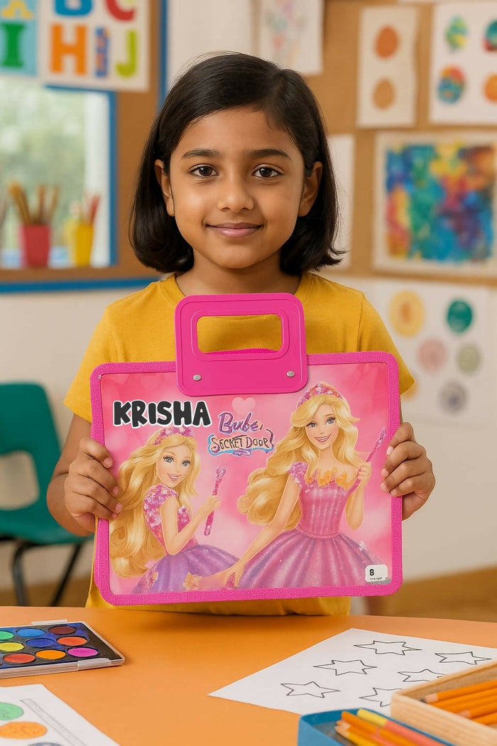 Child holding a pink toy with Barbie design in a classroom setting