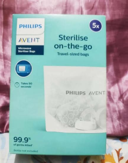 Philips Avent Microwave Sterilizing Bag | Kills 99.9% Germs | Sterilizes Bottles, Breast Pump and Baby Products in 90 Sec | 100 Sterilization Cycle in One Pack | Pack of 5 Bags (White) . Seal packed box.&nbsp;