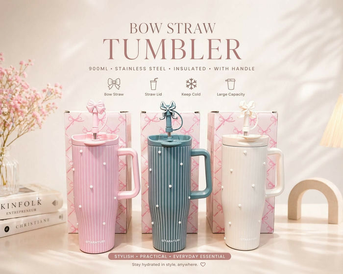 SITARAYURI Premium Insulated Tumbler (900 ml) with double-wall stainless steel insulation, spill-resistant lid, reusable straw, ergonomic handle, and large capacity to keep beverages hot or cold for hours.