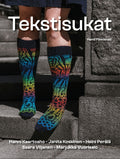 The cover of Tekstisukat showing a person from the knees down wearing colorful knit socks with a rainbow gradient and onomatopeia words, standing on stone steps. Large white text reads 'Tekstisukat' with smaller text 'Hand Finnished' and author names at the bottom.