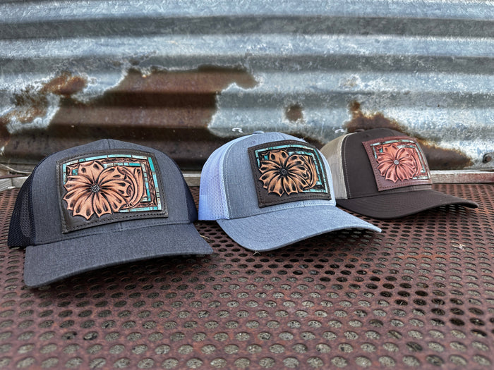 The Daisy Handtooled Leather Patch Cap with Turquoise Southwestern Border