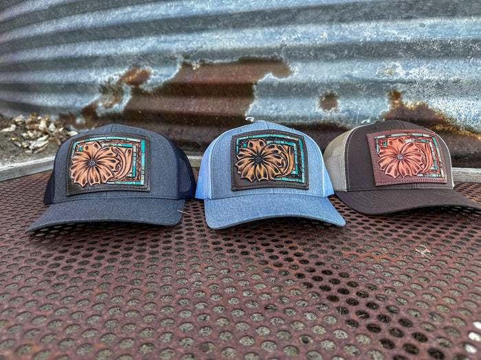The Daisy Handtooled Leather Patch Cap with Turquoise Southwestern Border