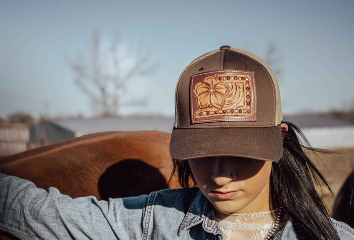 The Pansy Handtooled Leather Patch Cap with Beaded Border