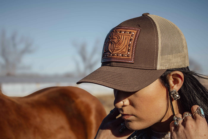 The Pansy Handtooled Leather Patch Cap with Beaded Border