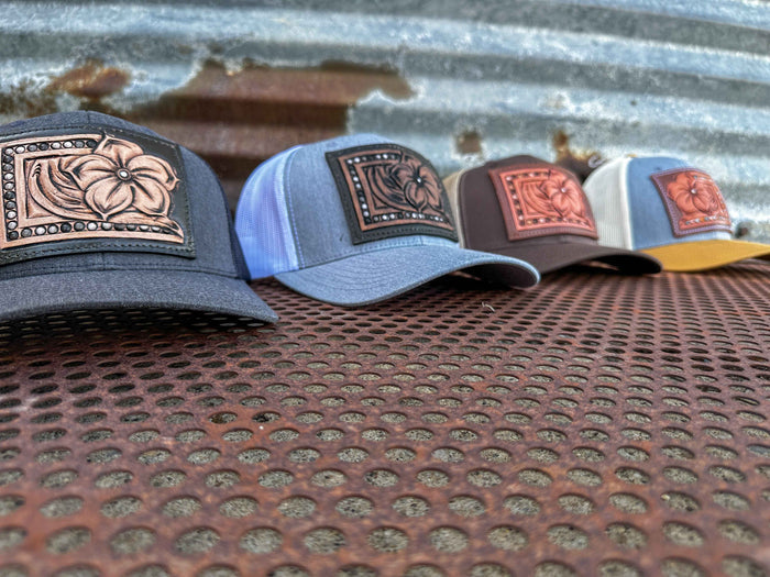 The Pansy Handtooled Leather Patch Cap with Beaded Border