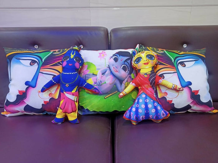 Colorful plush toys and pillows with cartoon characters