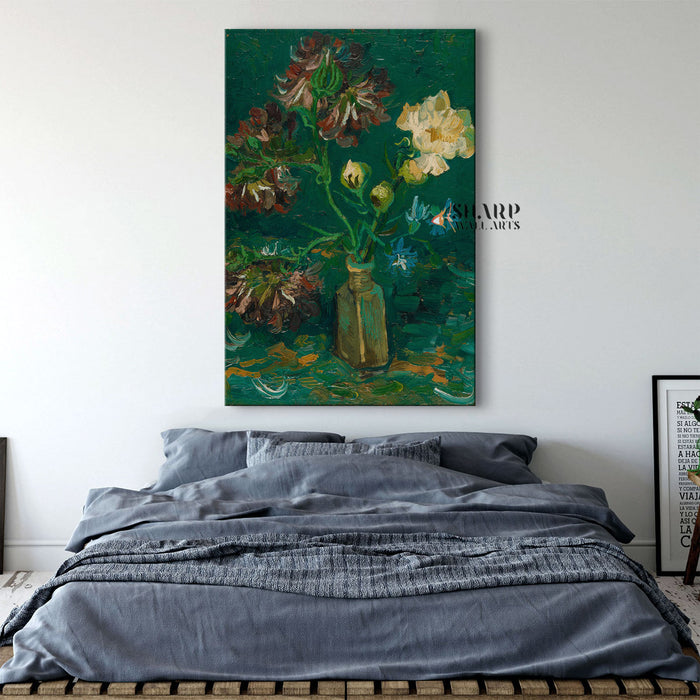Vincent van Gogh Small Bottle With Peonies And Blue Delphiniums Canvas Wall Art