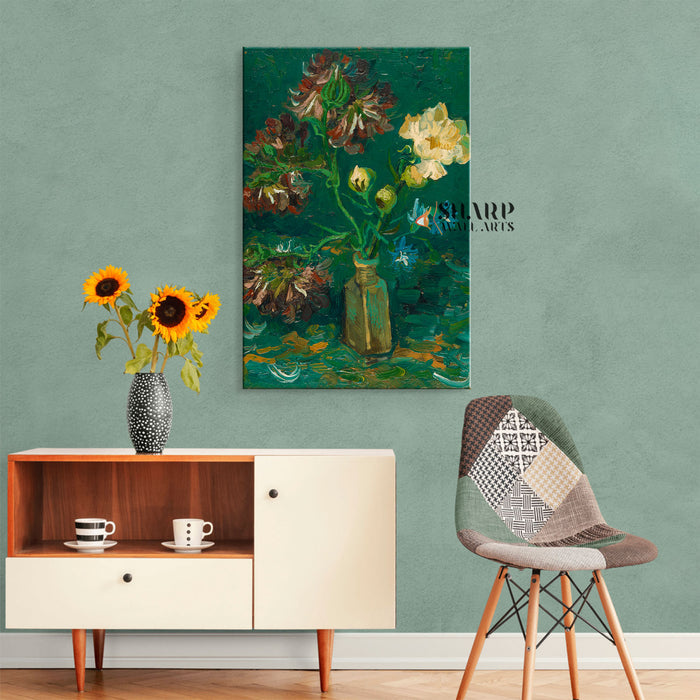 Vincent van Gogh Small Bottle With Peonies And Blue Delphiniums Canvas Wall Art