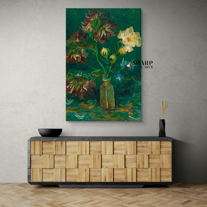 Vincent van Gogh Small Bottle With Peonies And Blue Delphiniums Canvas Wall Art