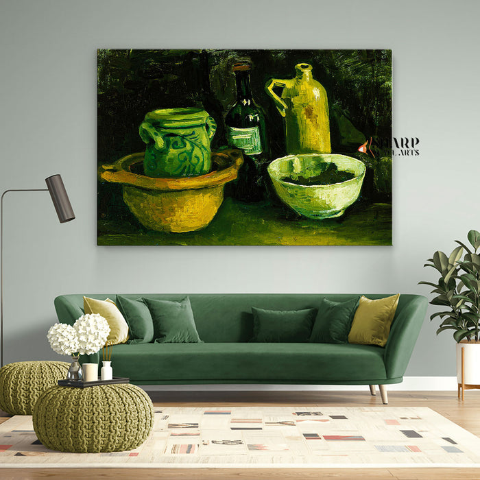 Vincent van Gogh Still Life With Pottery And Two Bottles Canvas Wall Art