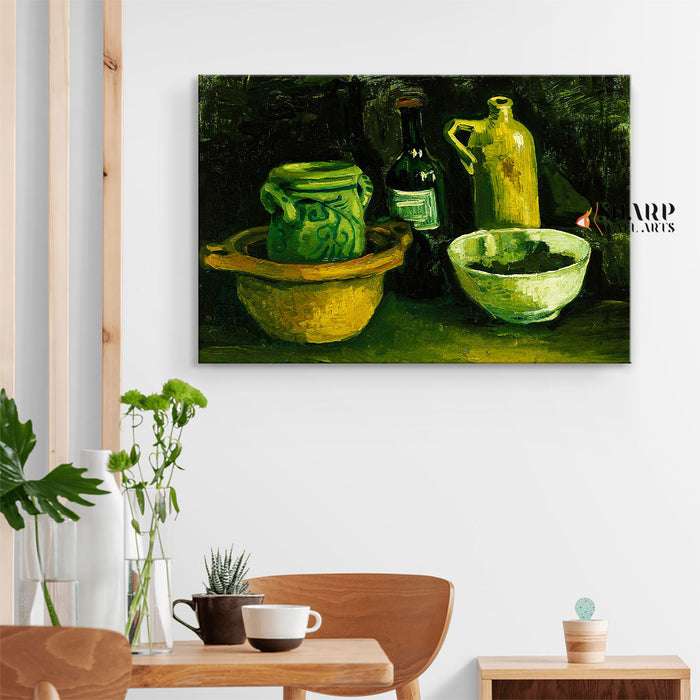 Vincent van Gogh Still Life With Pottery And Two Bottles Canvas Wall Art
