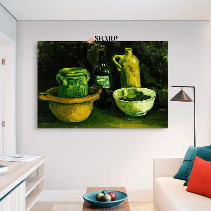 Vincent van Gogh Still Life With Pottery And Two Bottles Canvas Wall Art