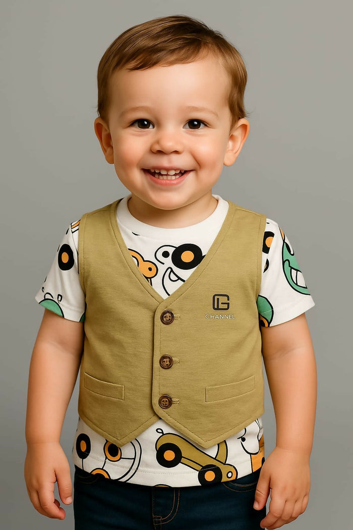 Child wearing a beige vest